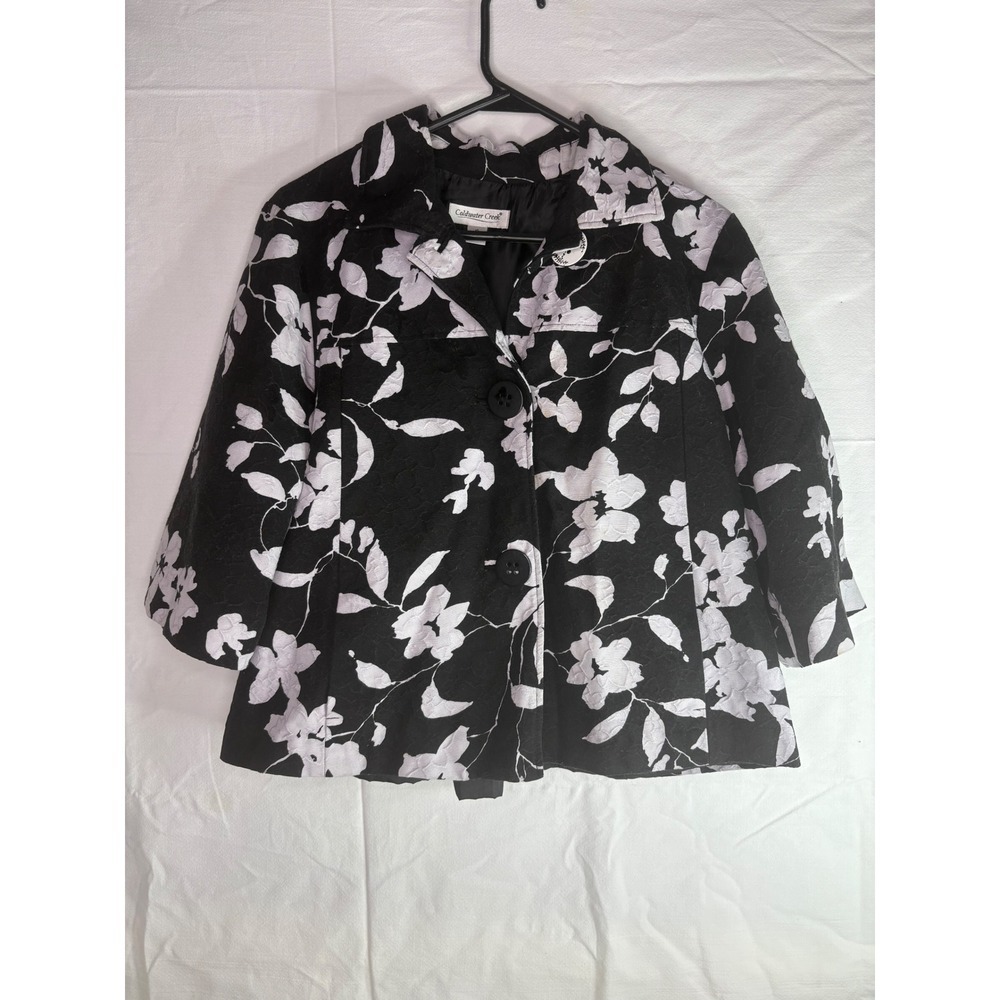 Coldwater Creek Black White Floral Brocade Cropped Jacket Womens Size 10 3/4